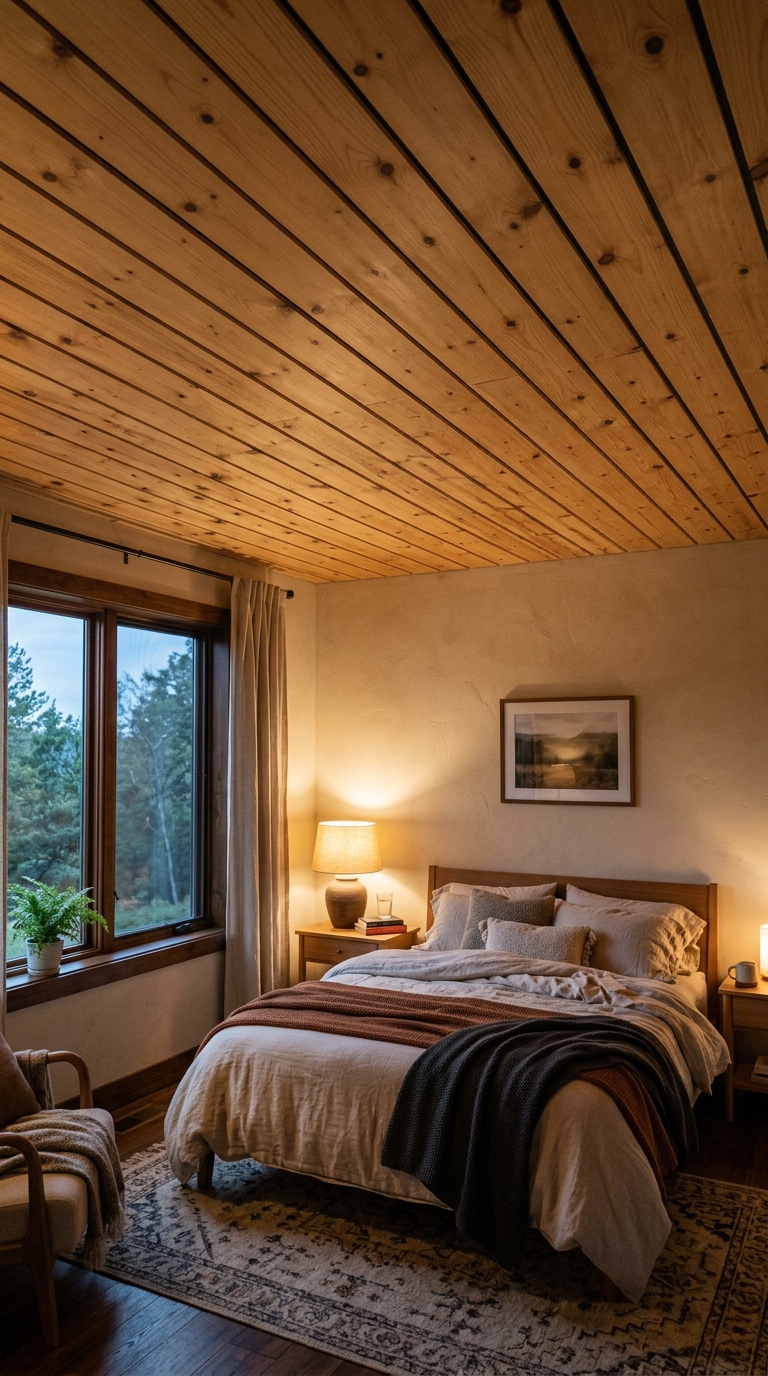 Pine plank ceiling with gapped shadow-line installation
