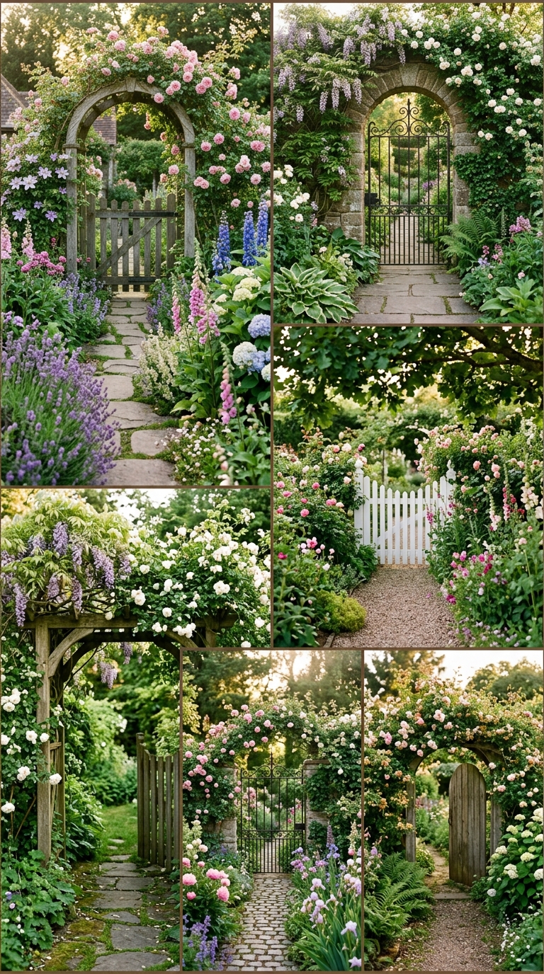 Beautiful garden gate ideas in a colorful backyard collage.