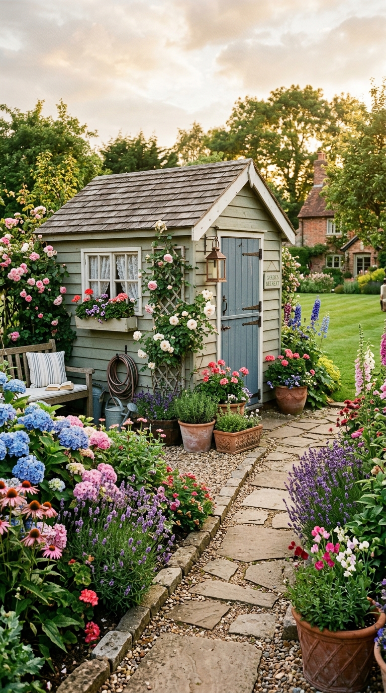 Beautiful garden shed landscaping ideas with flowers, pathways, and cottage-style backyard inspiration.