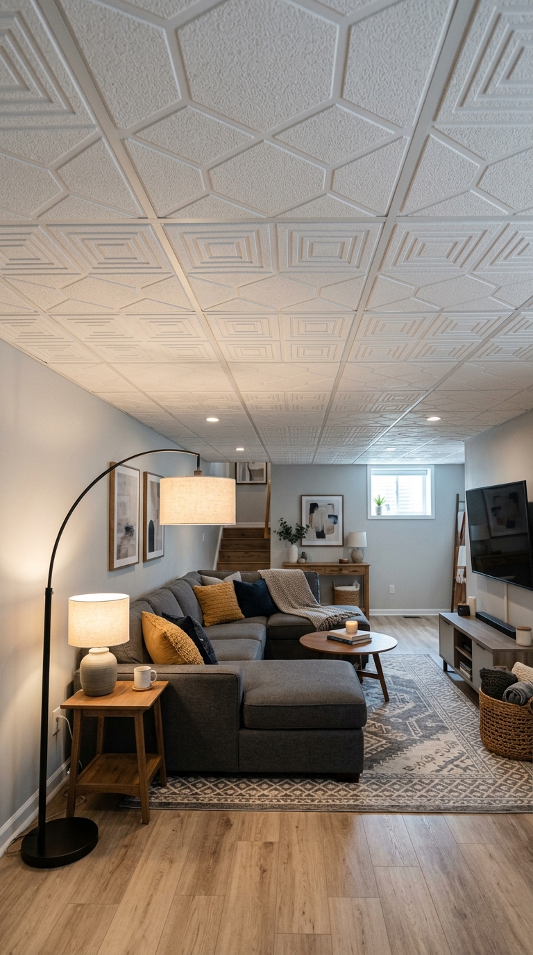 Geometric patterned drop ceiling tiles in a basement living room