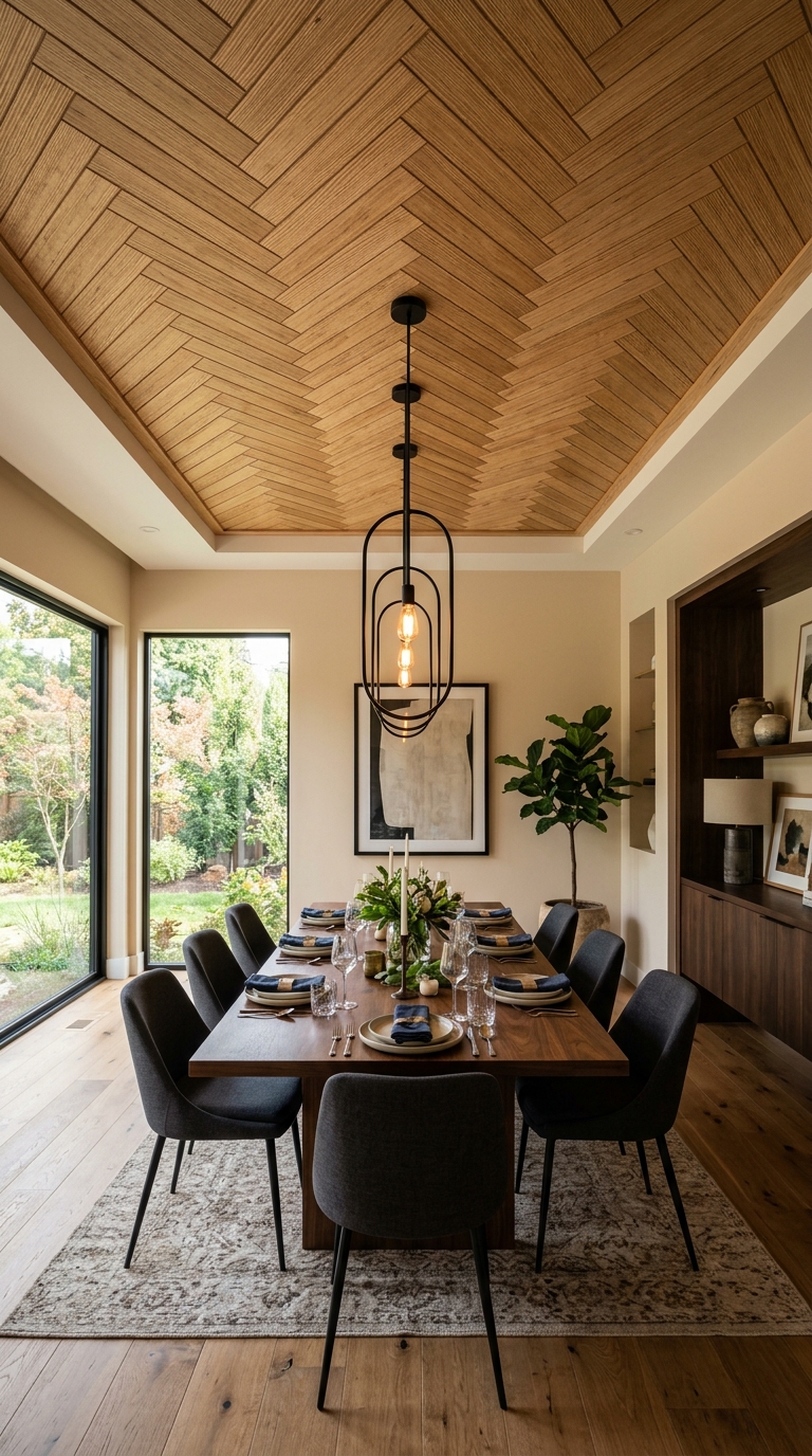 Herringbone pattern plywood accent ceiling above a modern dining room