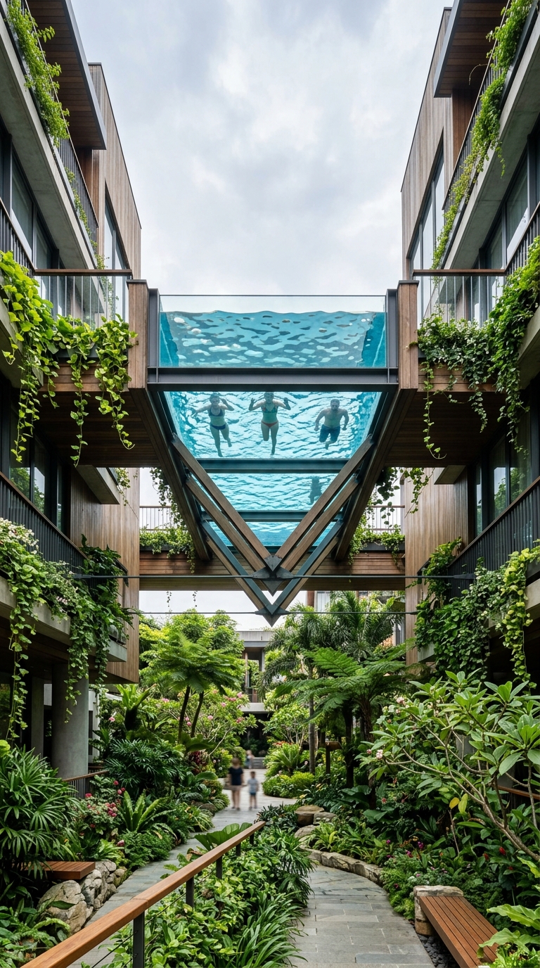 Glass-bottom natural swimming pool suspended between modern structures with a garden below
