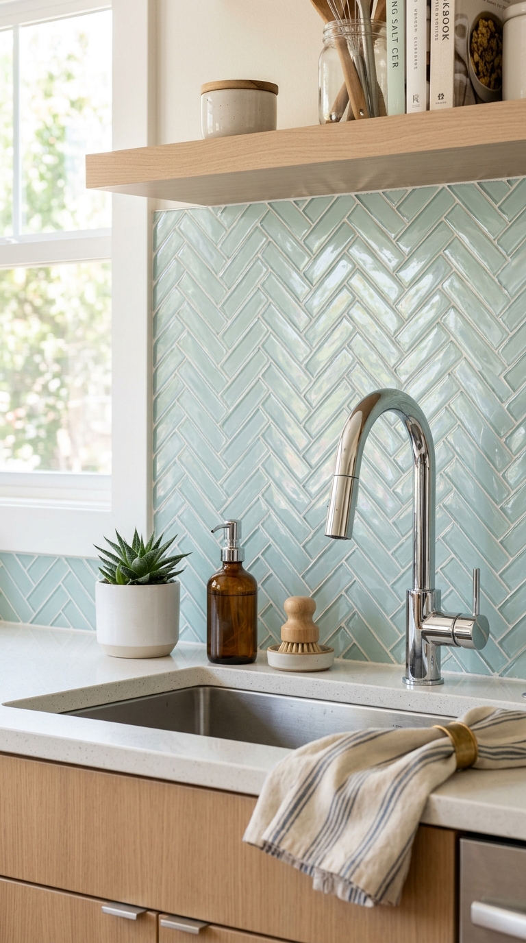 Soft aqua glass herringbone backsplash reflecting natural kitchen light