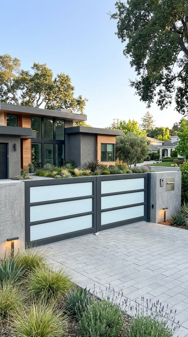 Modern steel driveway gate with glass panel inserts