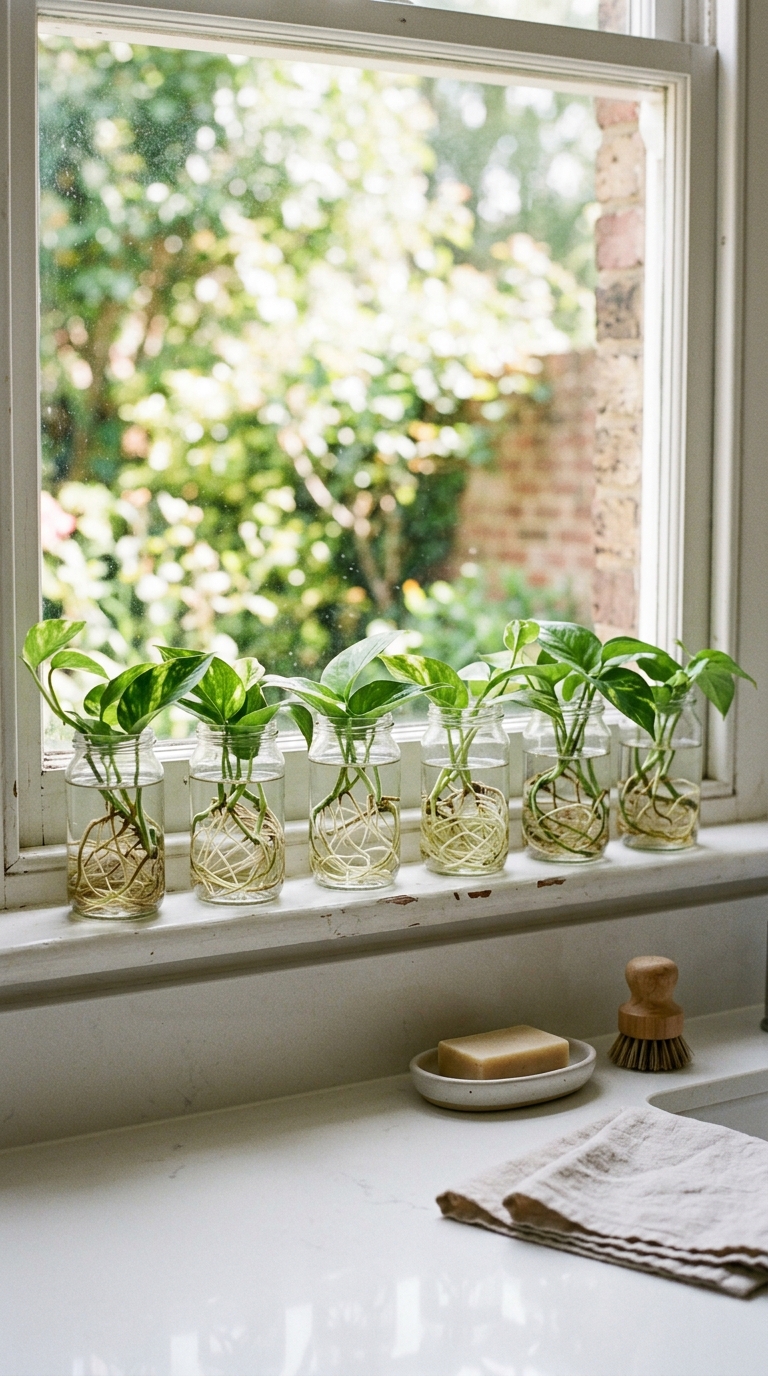 Glass jar propagation station with pothos cuttings on a windowsill