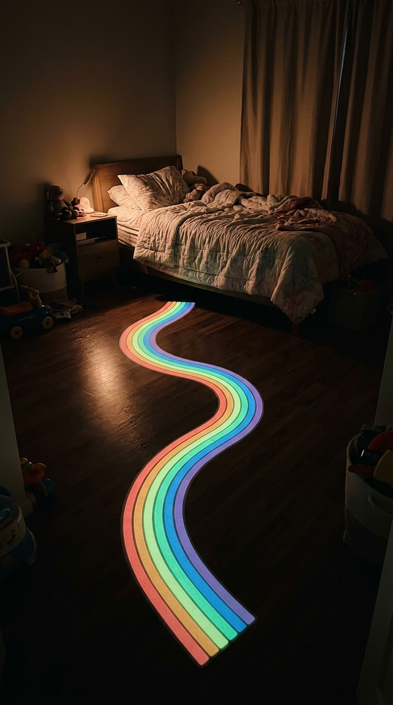 Glow in the dark rainbow path decals leading to bed in themed bedroom