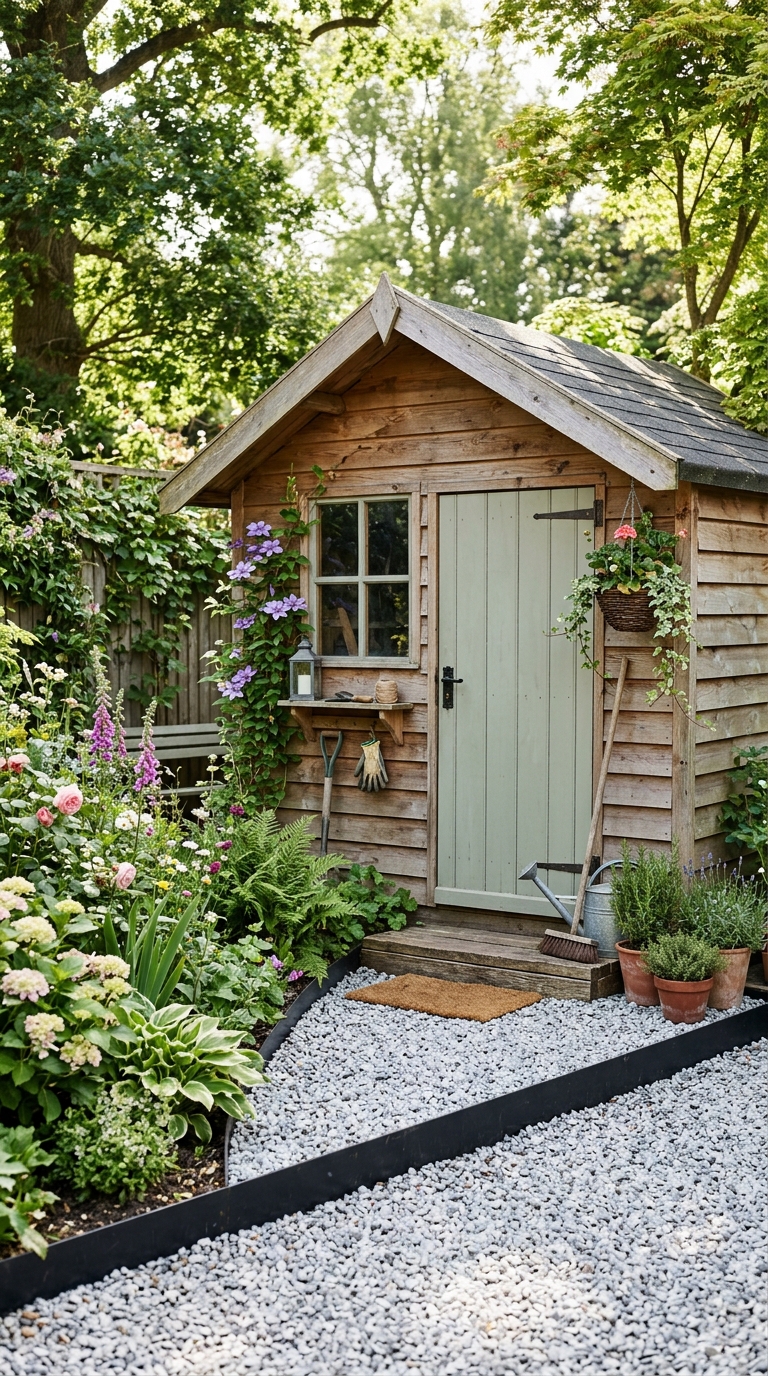 Budget-friendly gravel border with metal edging around a garden shed