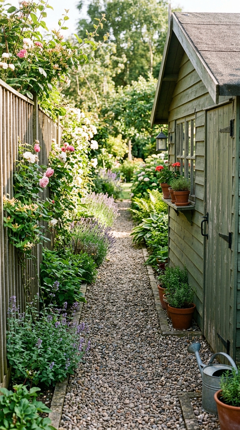 gravel path replacing struggling grass in a narrow side yard shed area