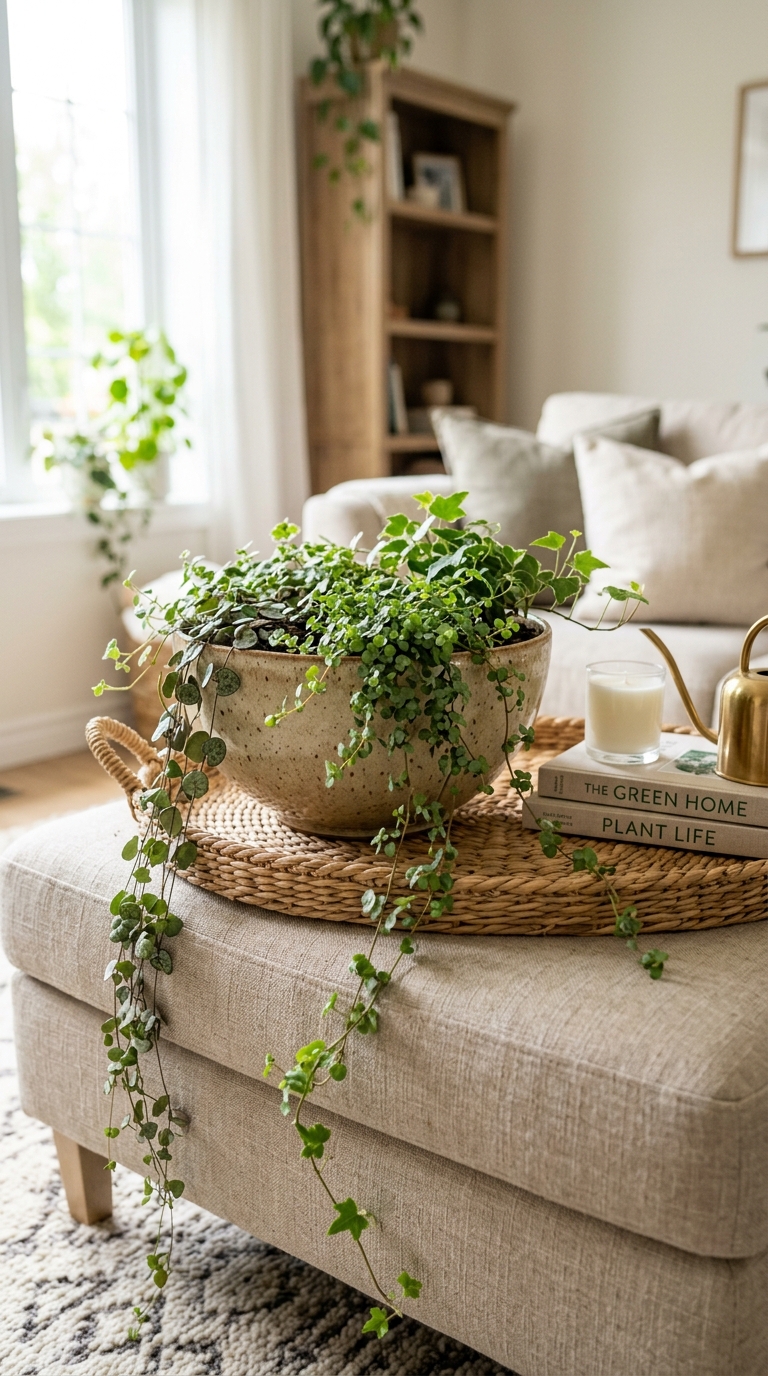 Low bowl planter with trailing greenery styled on an ottoman coffee table