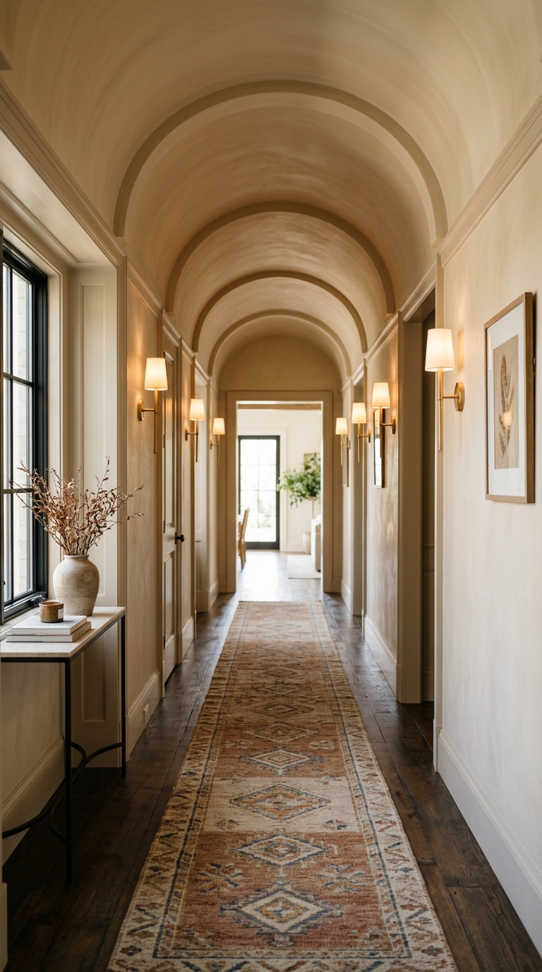 Curved barrel vault ceiling in a warm hallway with brass sconces