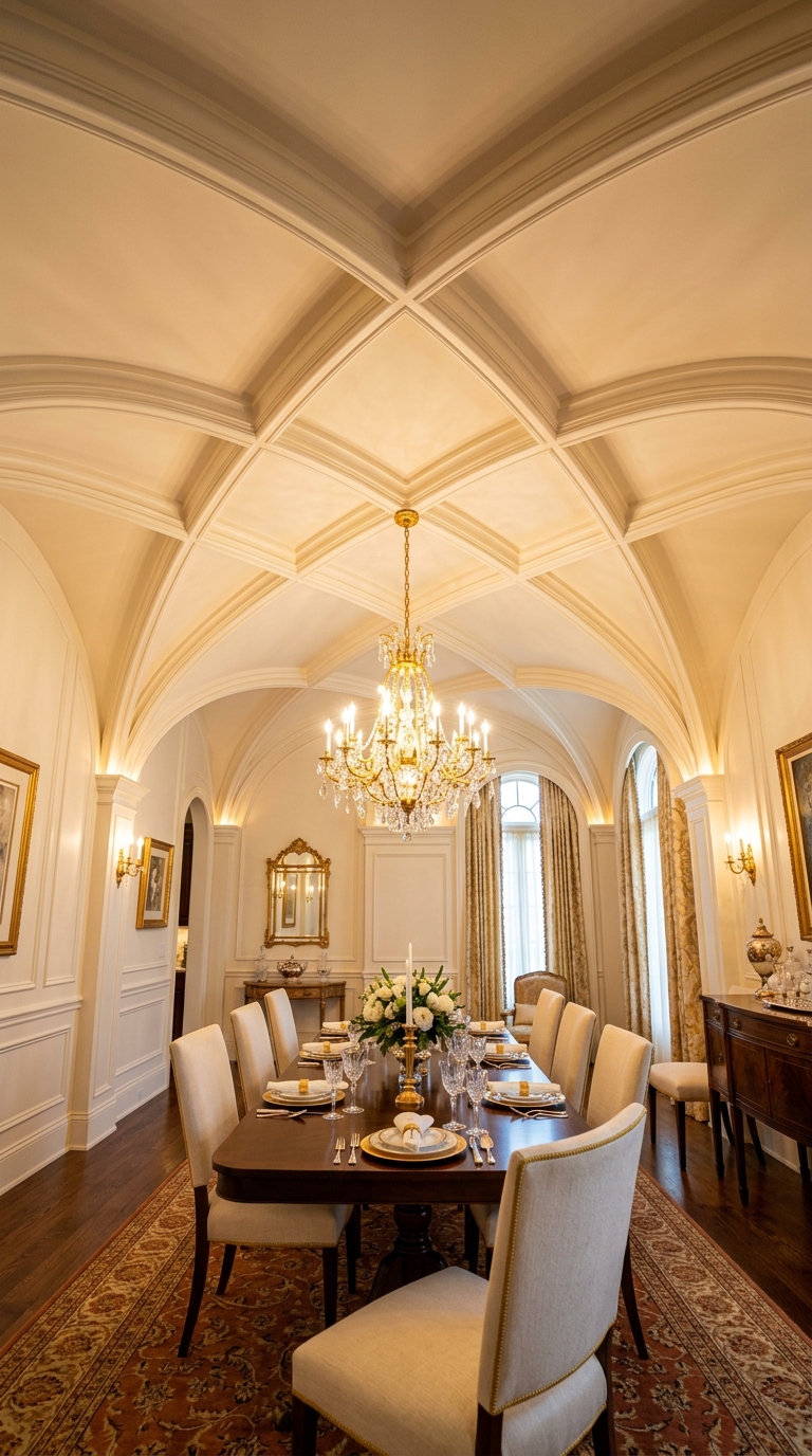 Elegant groin vault ceiling in a formal dining room with gold accents
