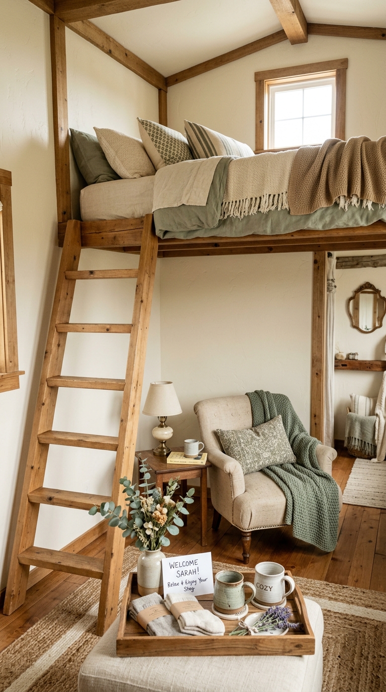 Cozy guest loft bedroom styled as a personal retreat space.