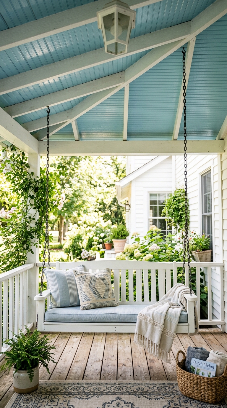 White porch swing styled beneath a traditional haint blue porch ceiling