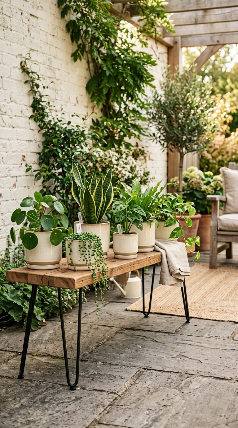 Hairpin-leg wooden plant bench styled with potted plants on a farmhouse patio