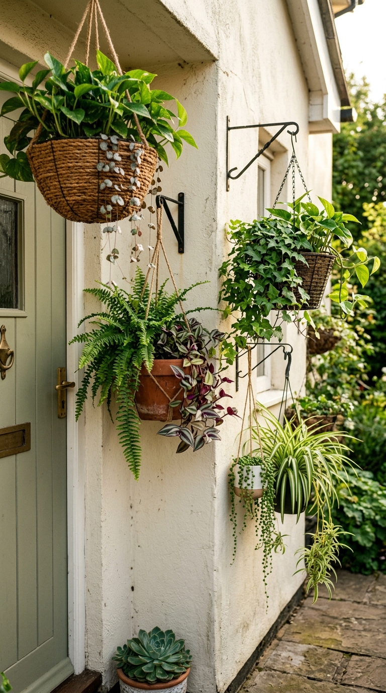 Vertical hanging basket idea for a small front porch wall