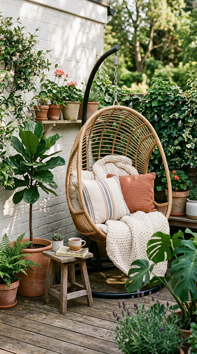 Hanging chair idea for a small patio lounge space