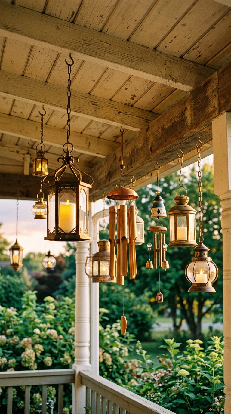 Hanging lantern and wind chime idea for a small front porch ceiling