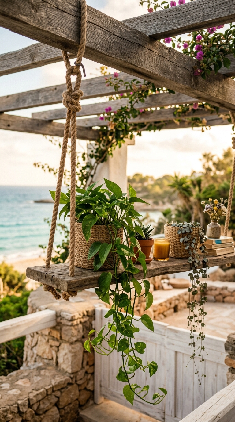Rope-hung wooden plant shelf with trailing greenery under a pergola