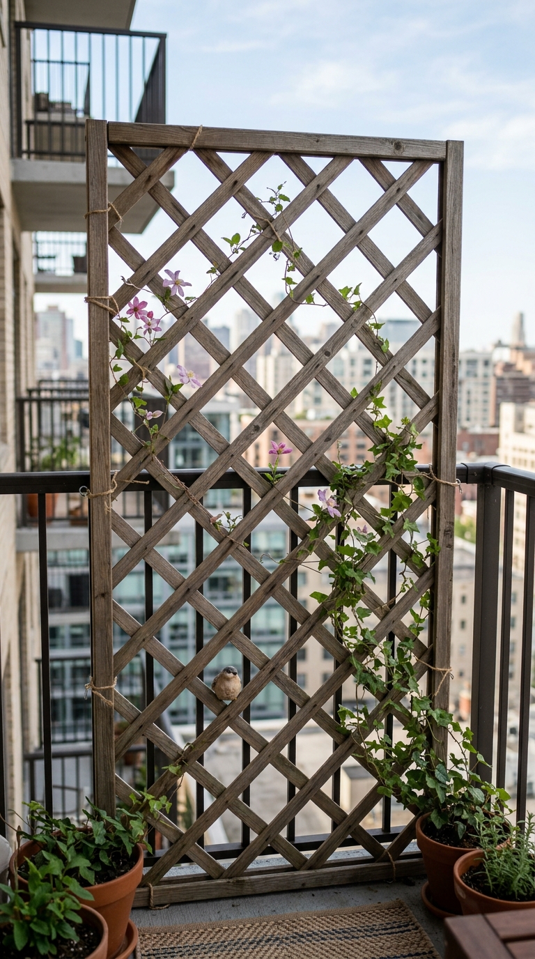 Hanging trellis panel for a small balcony garden