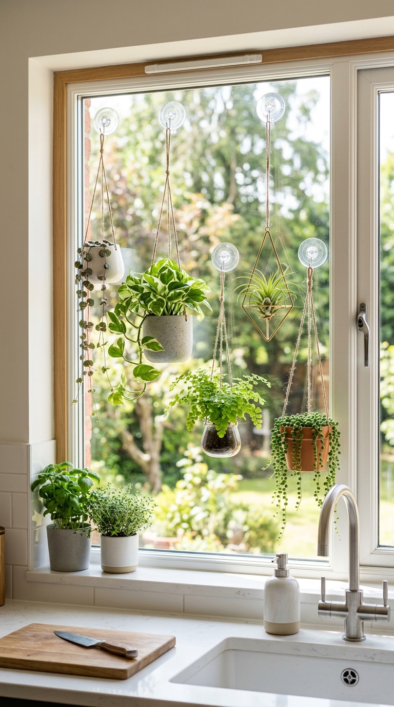 Hanging plant planters attached to a kitchen window using suction hooks