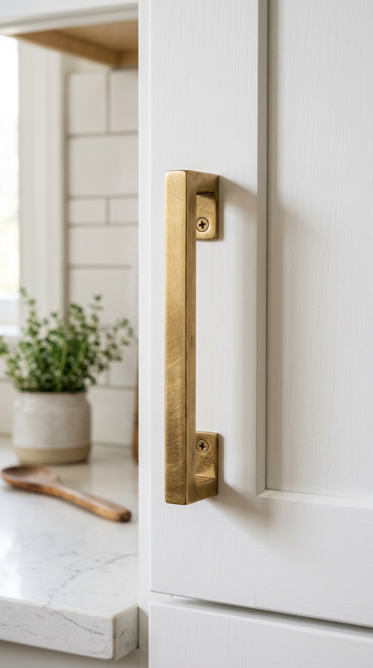 Brushed brass hardware swap on apartment kitchen cabinets