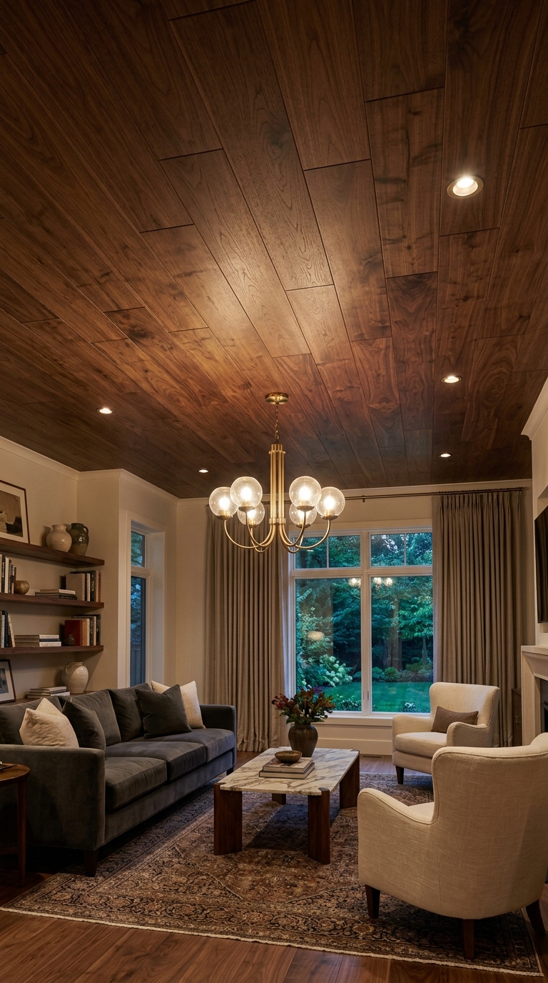 Stained veneer plywood ceiling designed to mimic solid hardwood