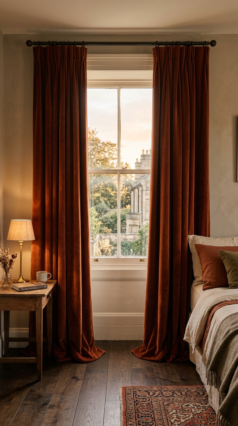 Heavy rust velvet curtains framing a fall bedroom window