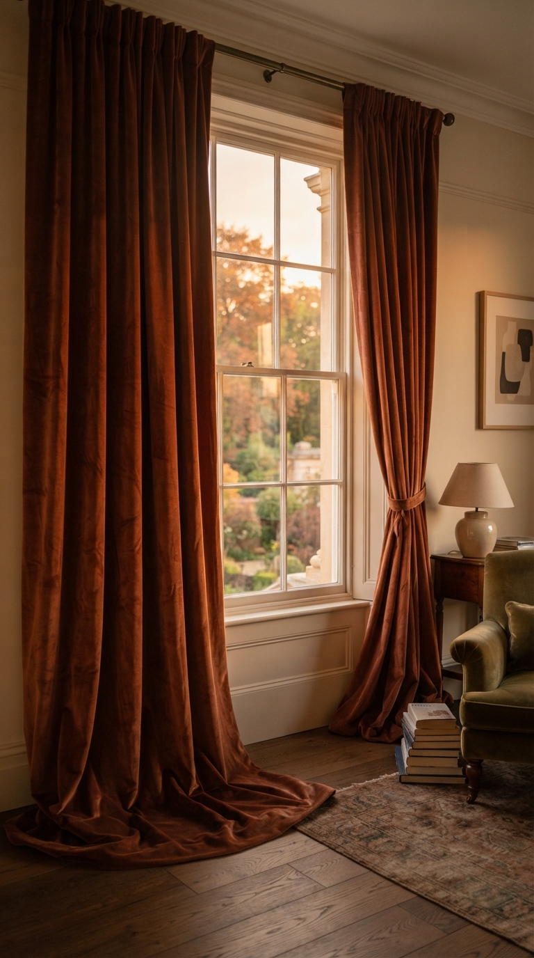 Heavy rust velvet curtains framing a fall living room window