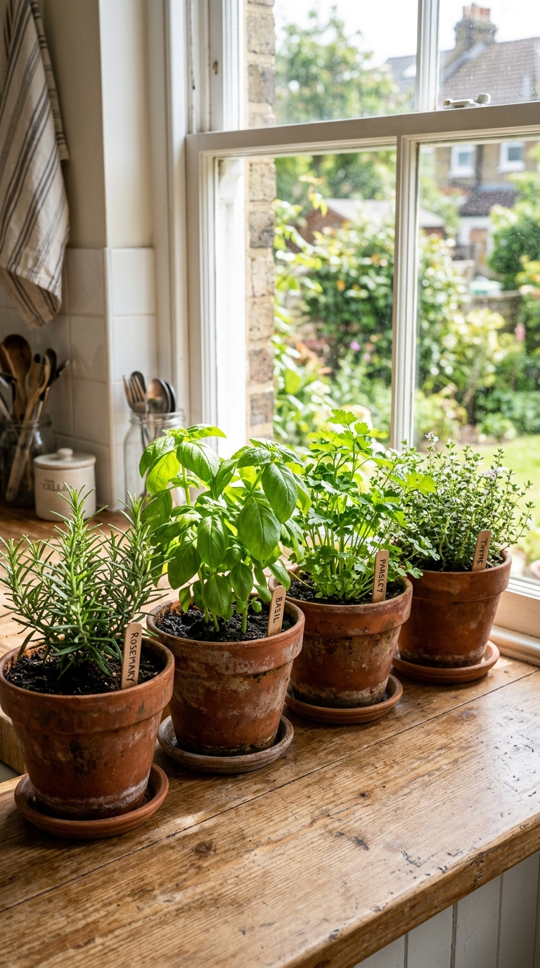 Fresh herb garden growing in terracotta pots on a sunny kitchen windowsill