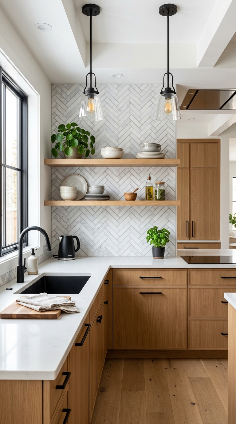 Modern kitchen featuring a stylish herringbone tile backsplash with elegant cabinets and quartz countertops