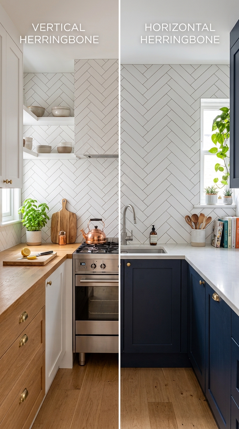 Vertical versus horizontal herringbone backsplash layout comparison