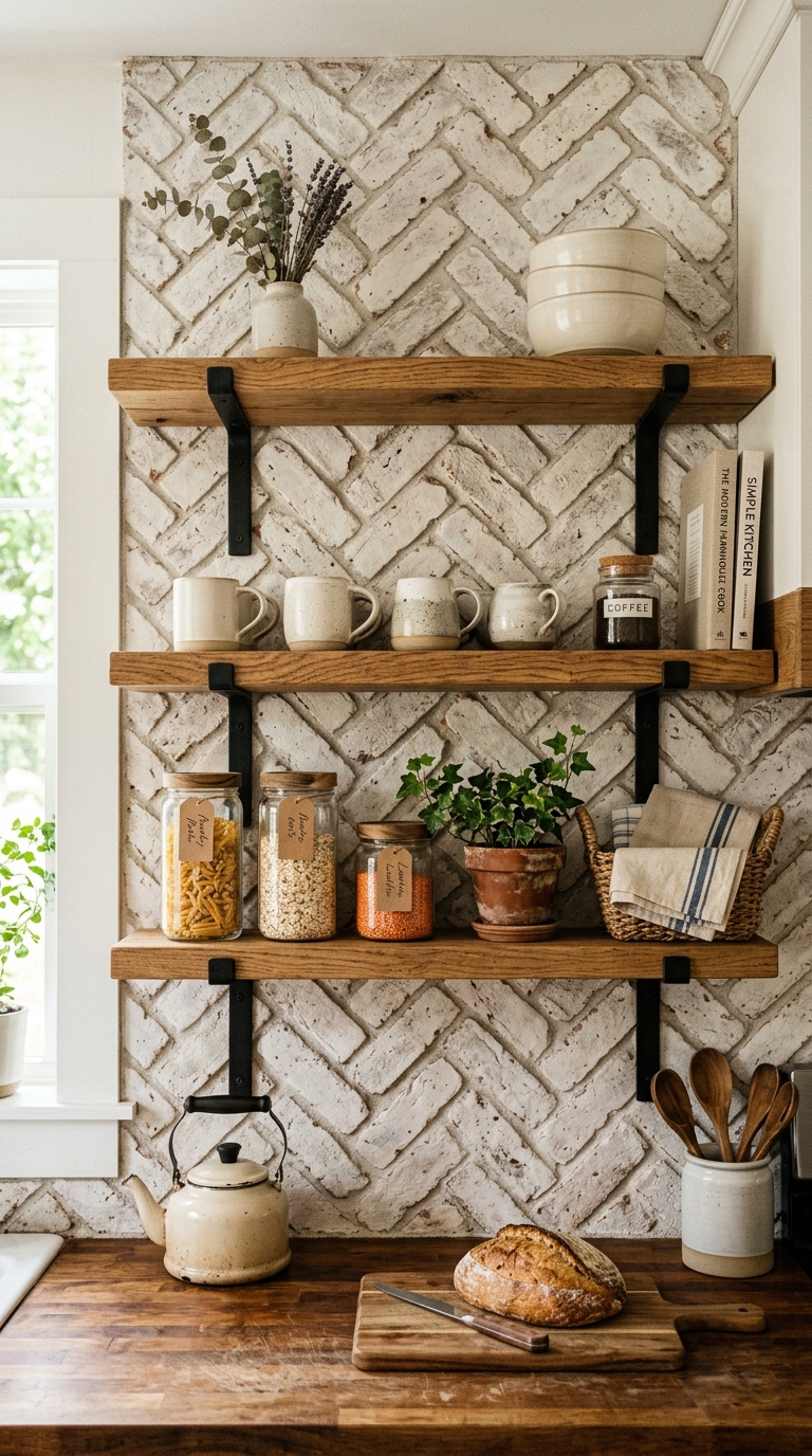 Whitewashed herringbone brick backsplash in a farmhouse kitchen