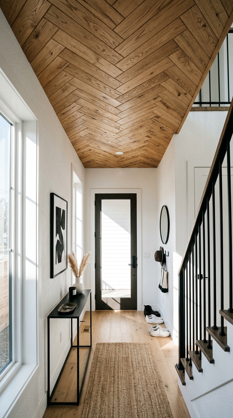 Herringbone pattern wood plank ceiling in a bright entryway
