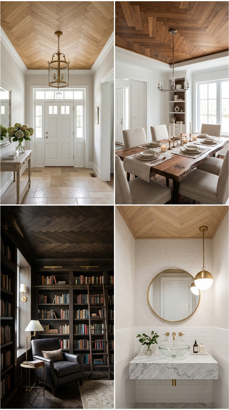 Elegant entryway featuring a natural oak herringbone-pattern wood plank ceiling.