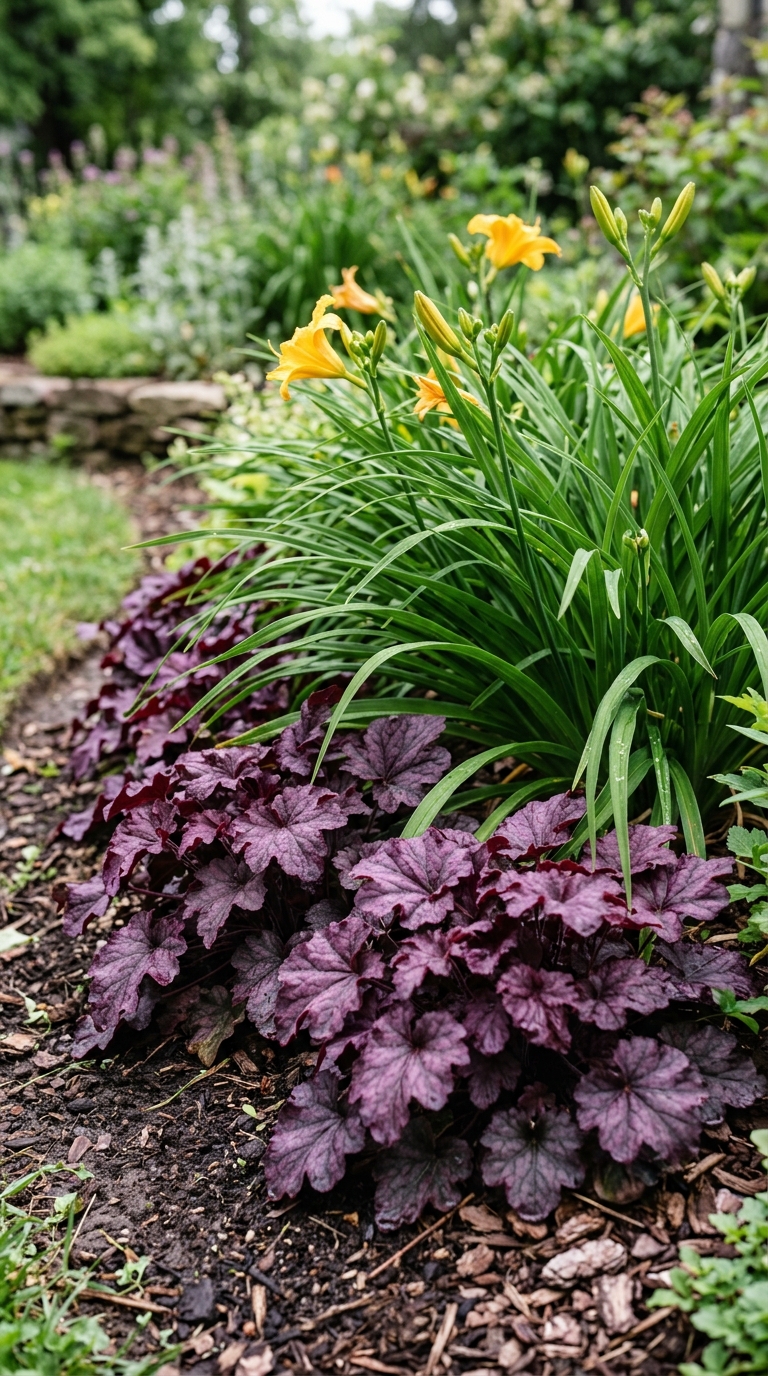 Purple heuchera foliage planted as a companion to daylilies