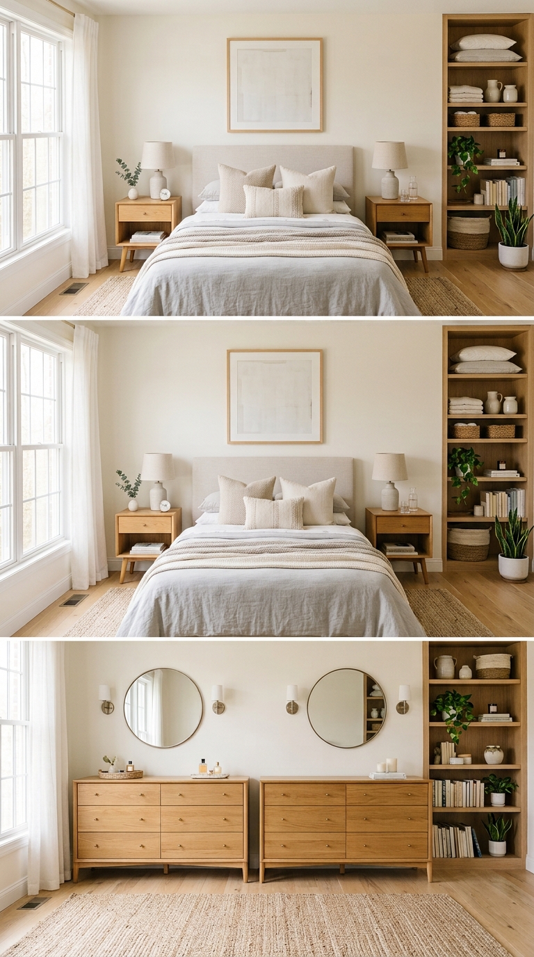 Matching his and hers storage dressers and nightstands in a balanced couples bedroom
