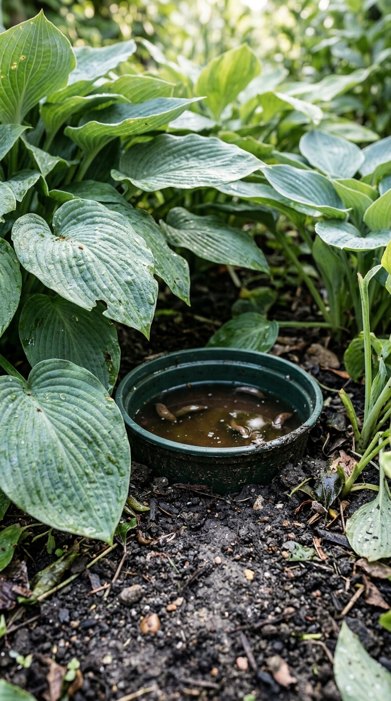 Shallow beer trap placed near hosta plants for natural slug control