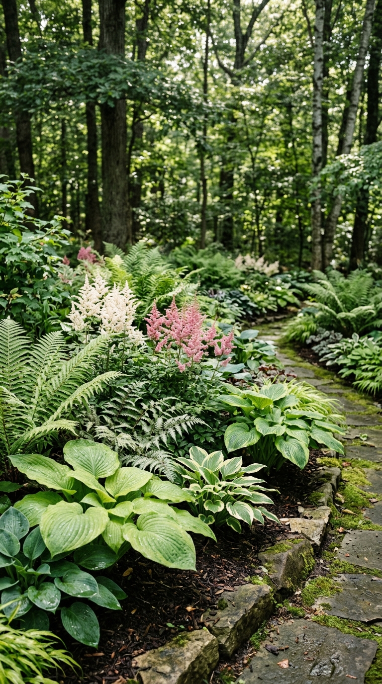 Hostas planted alongside ferns and astilbe in a layered shade garden