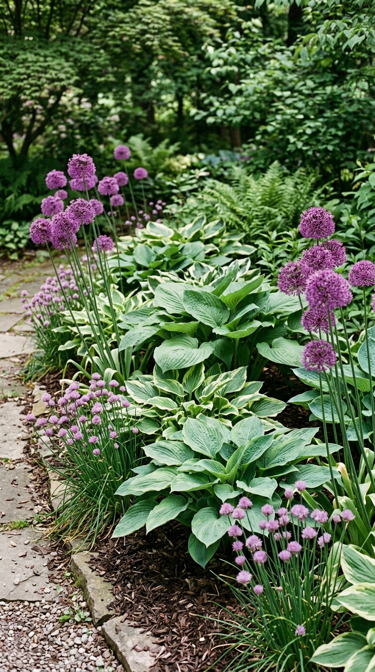 Hostas bordered by alliums and chives as a natural deer deterrent barrier