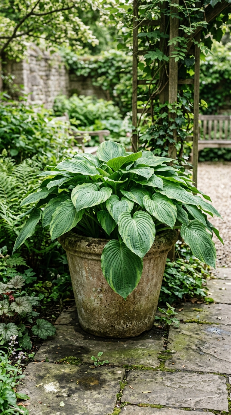 Hosta plant thriving in a large container on a shaded patio
