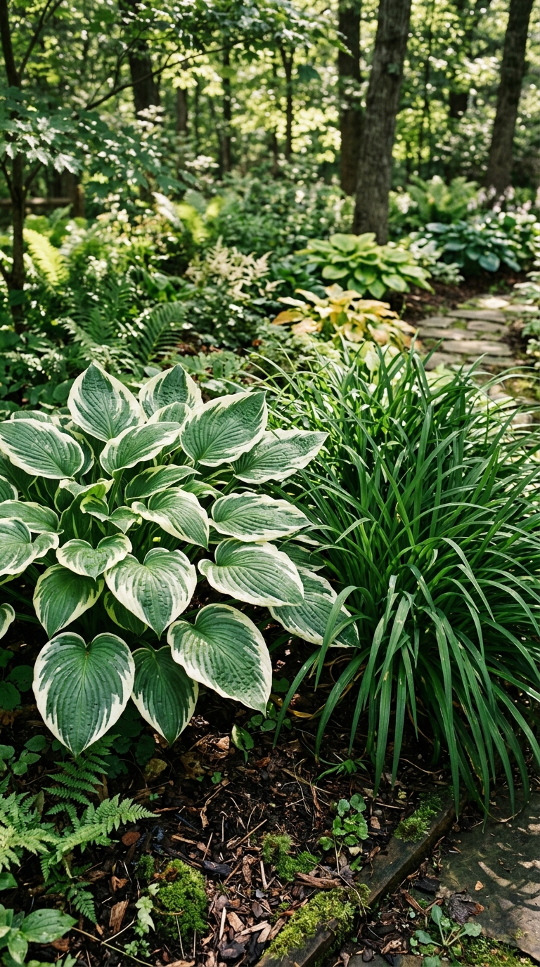 Variegated hosta planted as a foliage-contrast companion to daylilies
