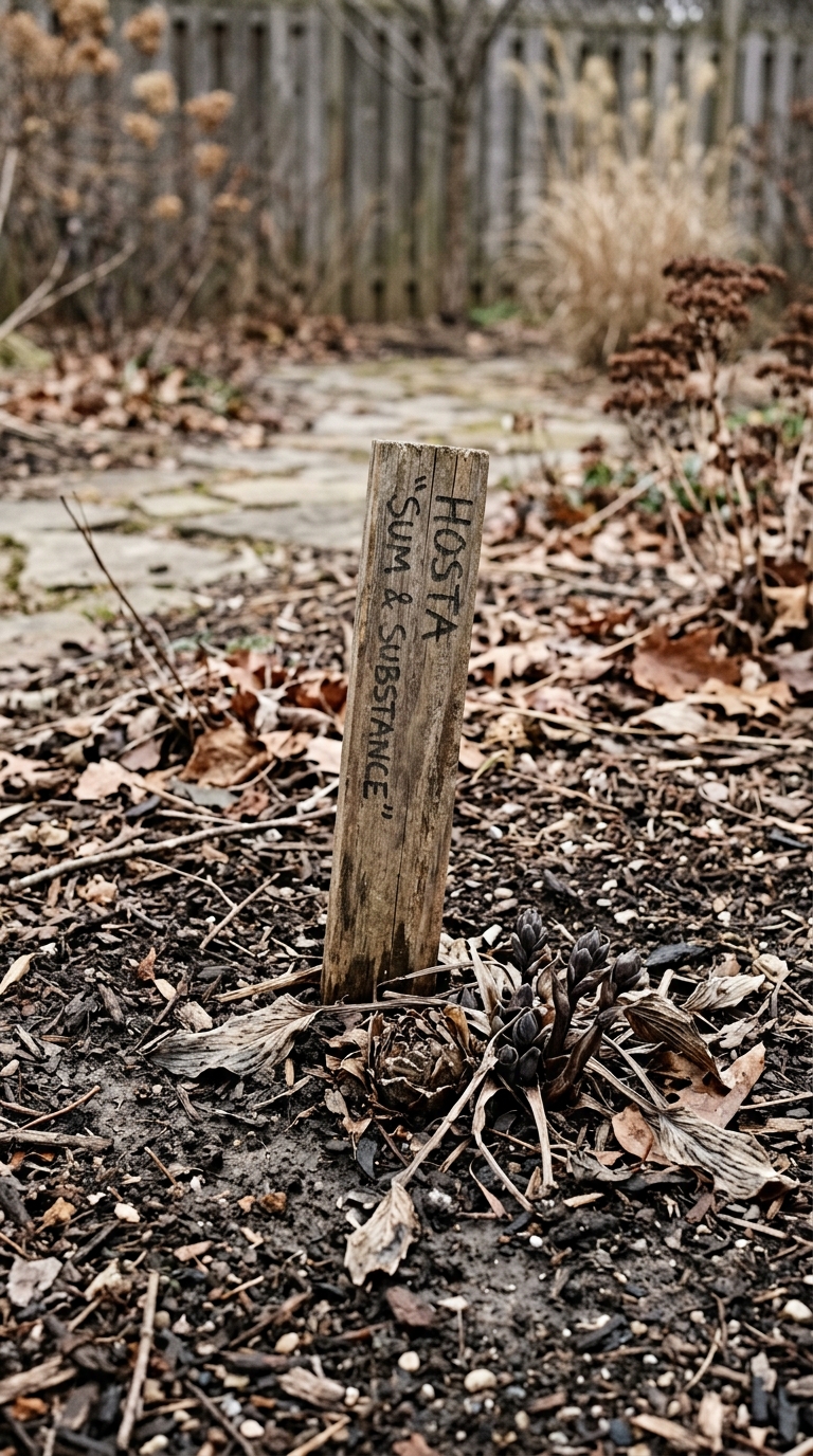 Garden marker placed to track a dormant hosta plant through winter