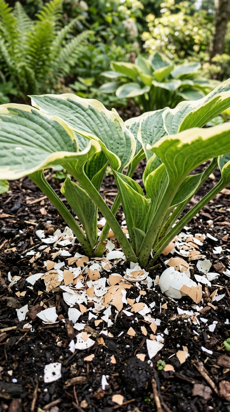 Crushed eggshells scattered around a hosta plant as a natural slug deterrent