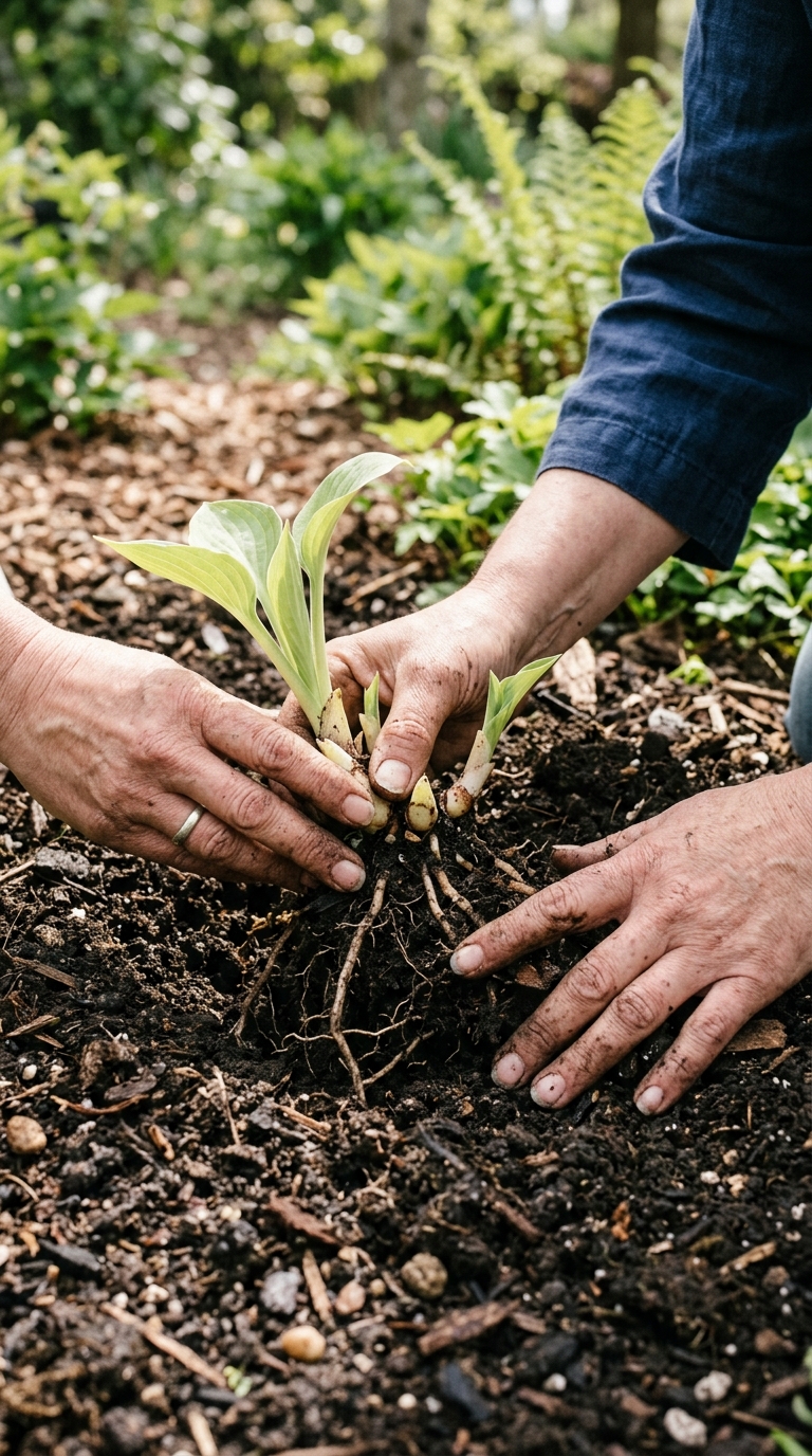 Planting a bare-root hosta division through the growing eyes into garden soil
