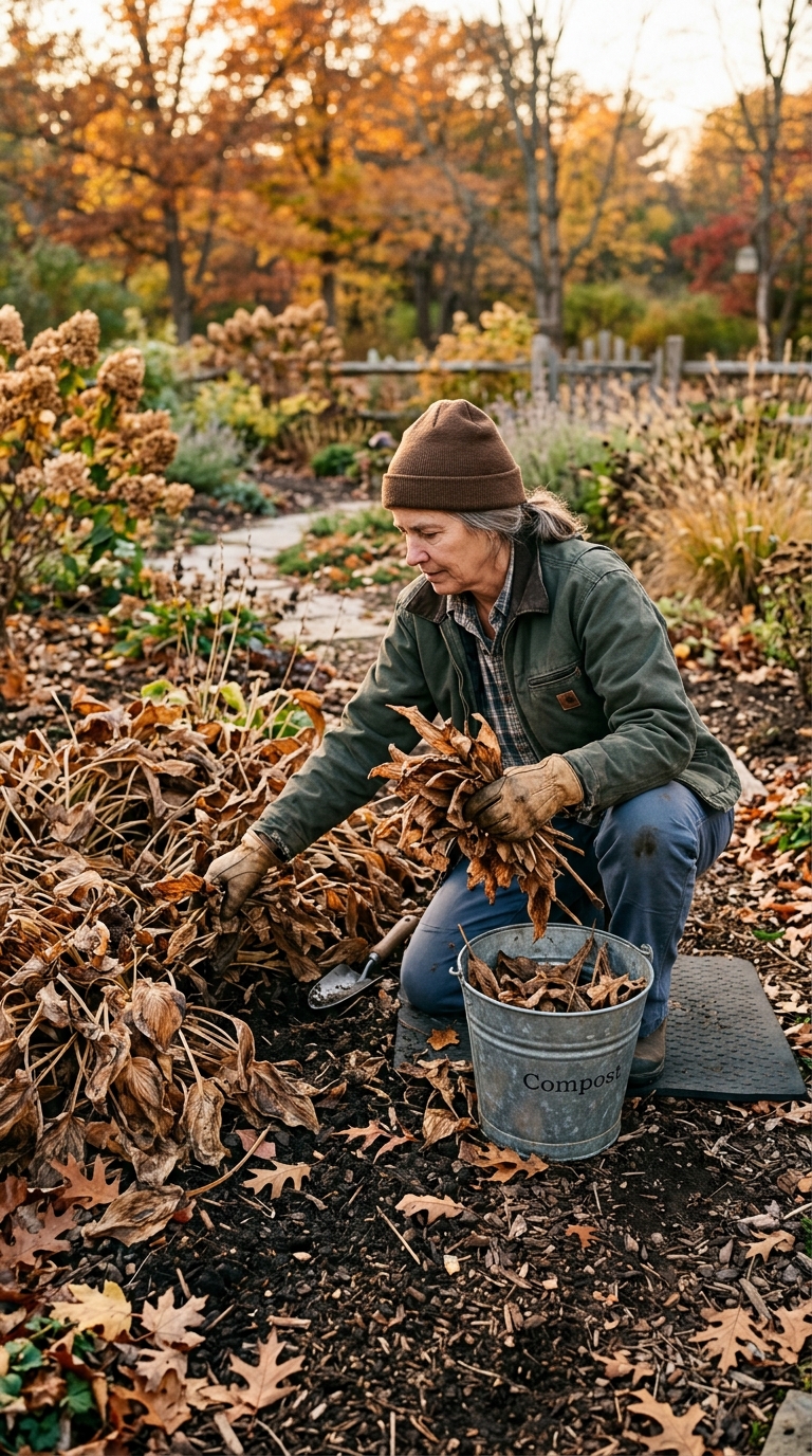 Clearing dead hosta foliage from a garden bed during fall cleanup