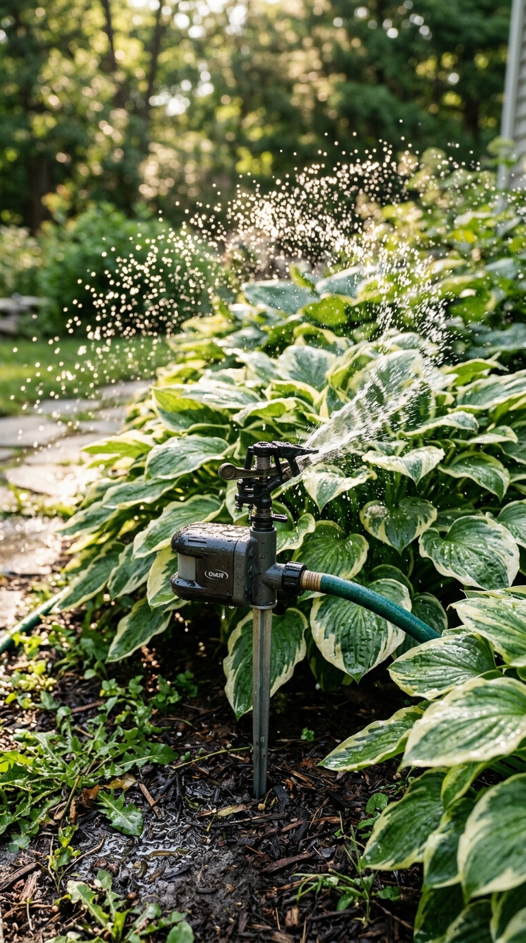 Motion-activated sprinkler protecting a hosta garden bed from deer and rabbits