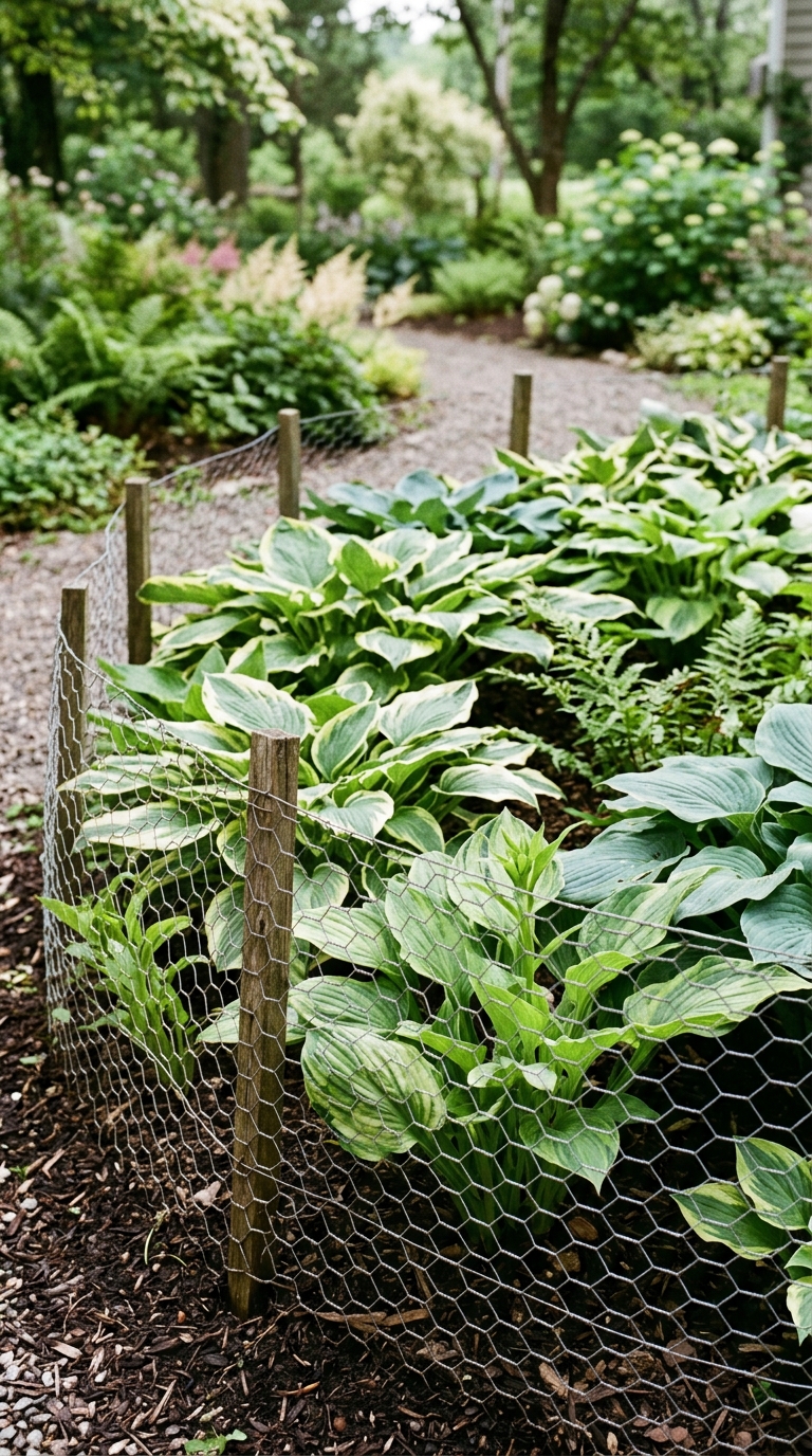 Low chicken wire fence protecting a hosta garden bed from rabbits