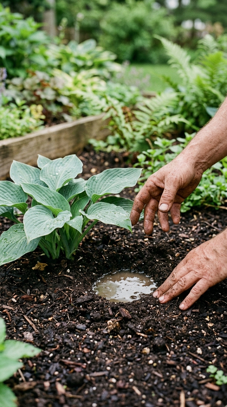 Testing soil drainage before planting a hosta in a garden bed