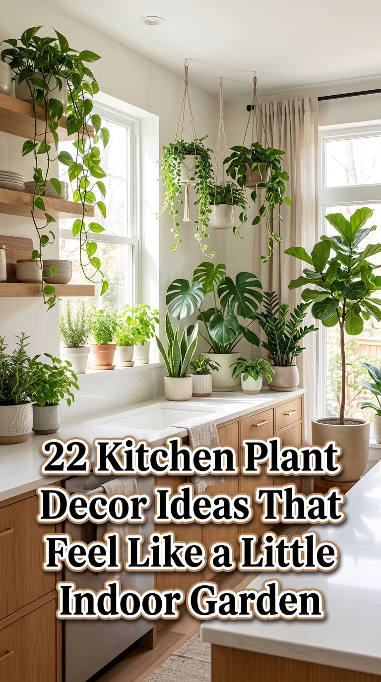 Modern kitchen with lush indoor plants, hanging pothos, herbs, ceramic planters, and bright natural light creating an indoor garden feel.