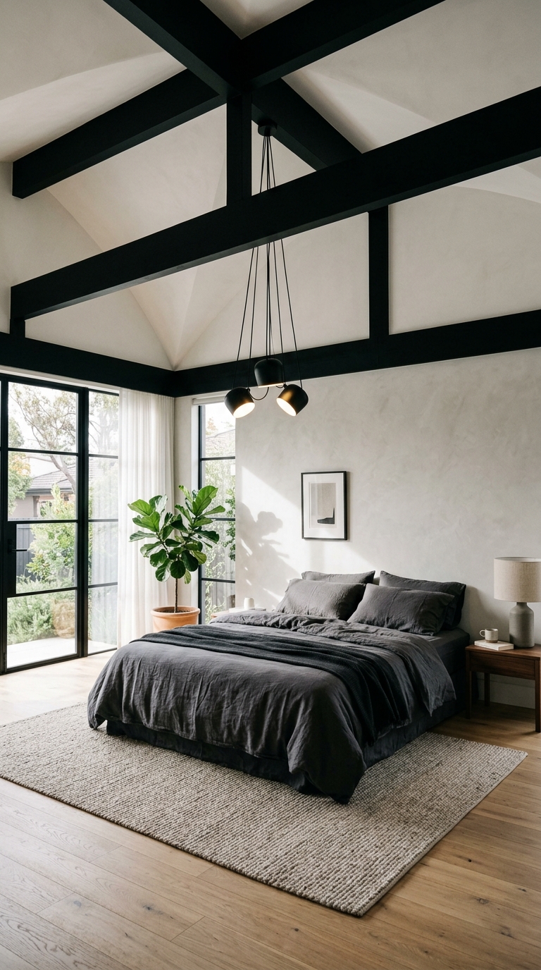 Matte black exposed beams on a white vaulted bedroom ceiling in a modern industrial style room